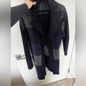 Wool Coat with black/navy/grey patches detail and leather belt in the back